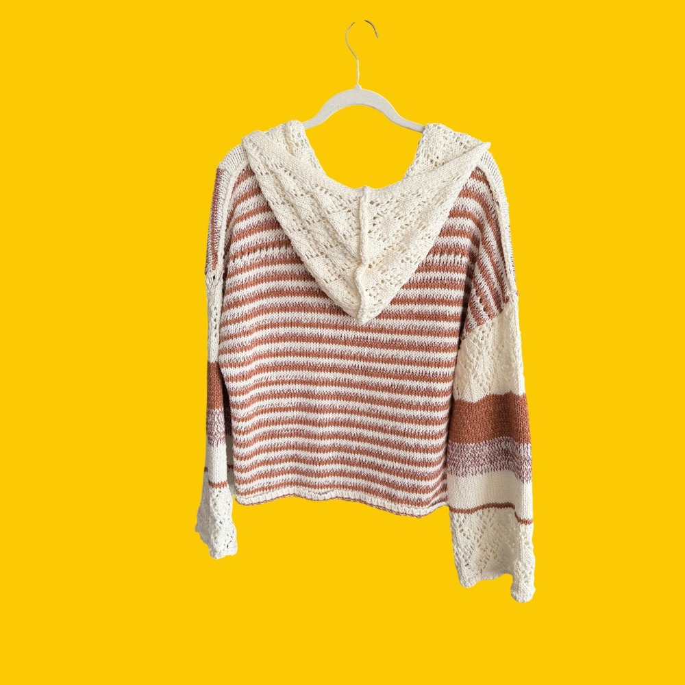 BKE Striped Hooded Knit Sweater Large Cream Rust Boho Coastal Crochet Detail - Picture 2 of 6